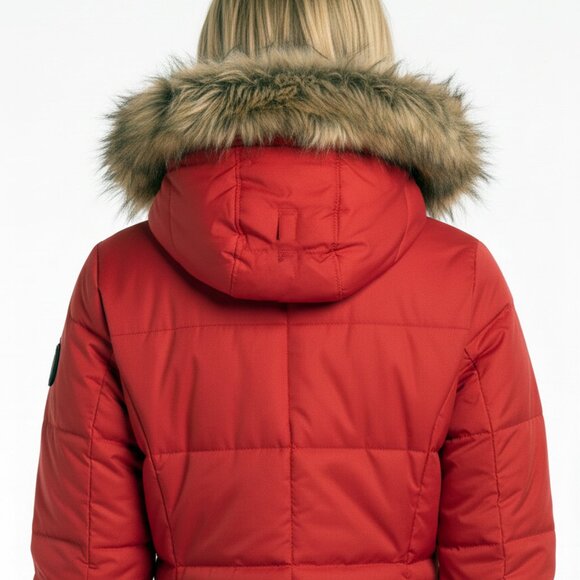 ESPRIT Women's Red Puffer Jacket Faux Fur Hood Toggle Winter Down Coat Size (M) - Picture 6 of 9